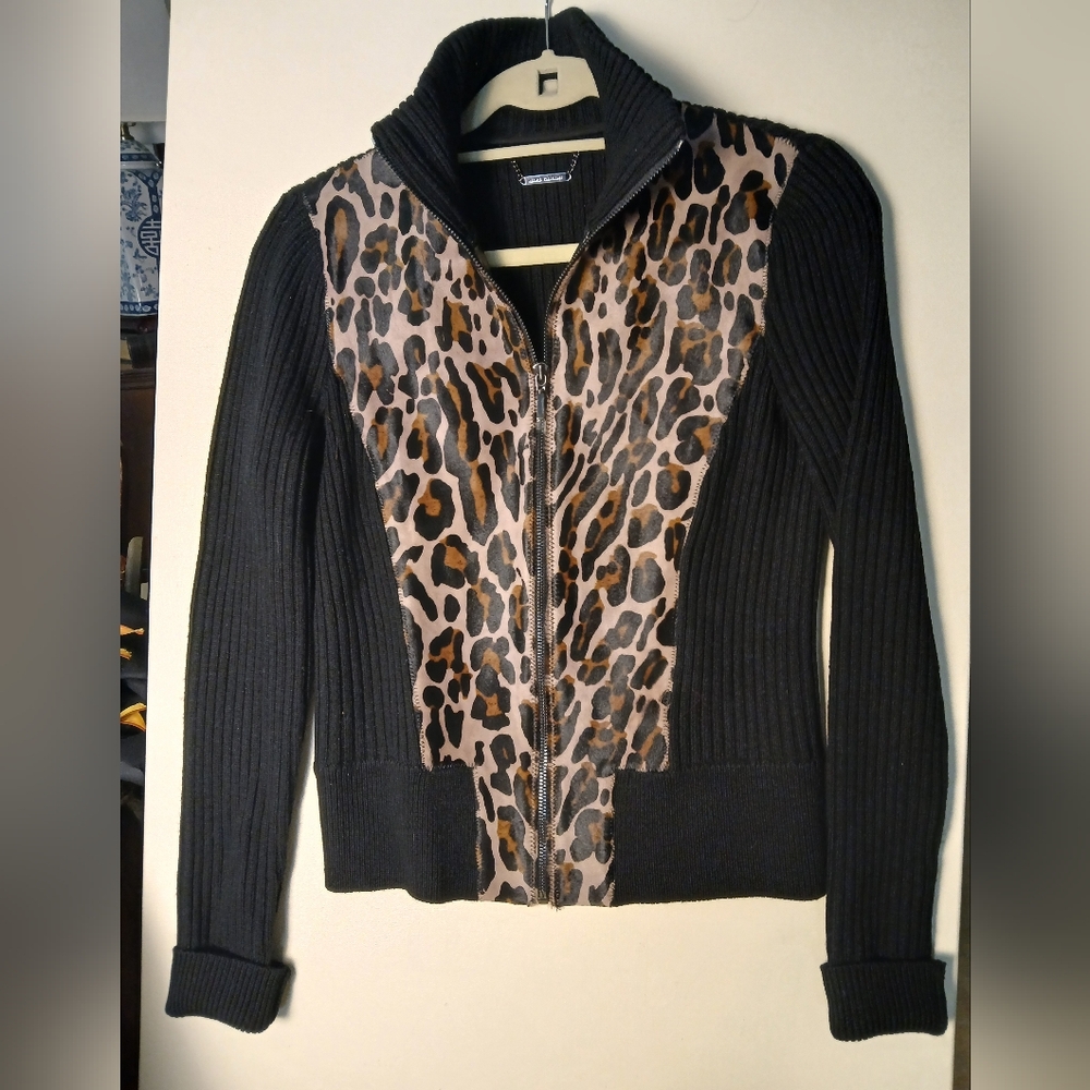ELIE TAHARI Leopard Print Black full Zip Sweater Top Quality Chic NWOT Size S
